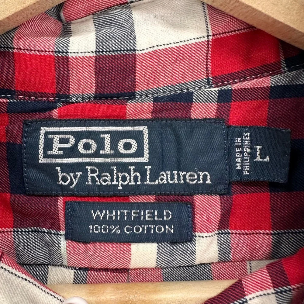 VTG Polo Ralph‎ Lauren WHITFIELD Shirt Mens Large Red Plaid Long Sleeve Cotton